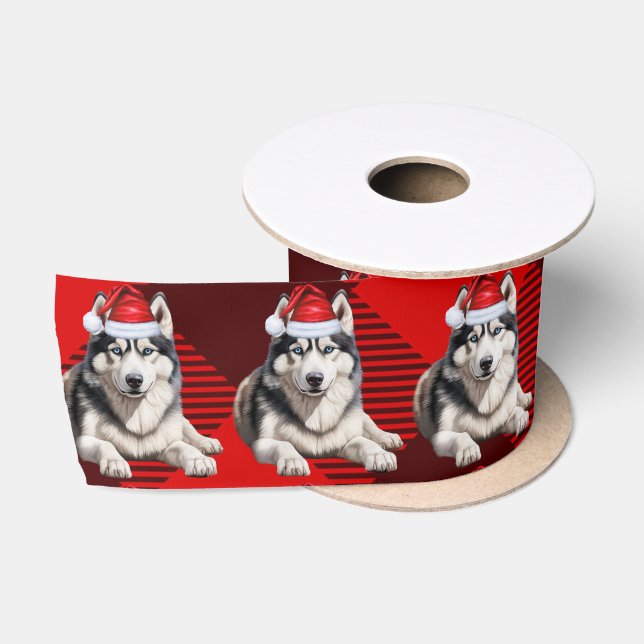 Holiday Husky Dog auf Red Buffalo Kariert Satinband (Spule)
