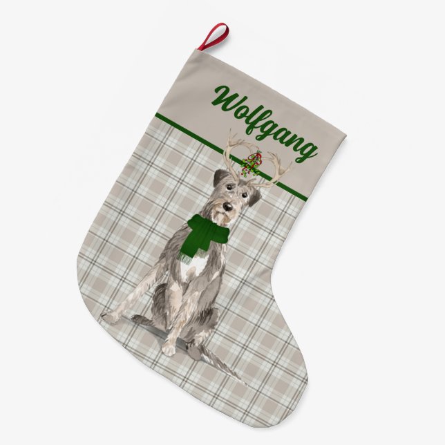 Holiday Irish Wolfhound und Kariert mit Hundes Nam Großer Weihnachtsstrumpf (Vorderansicht (hängend))