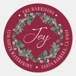 Holiday Joy Wreath Burgundy Rücksendeadresse Runder Aufkleber