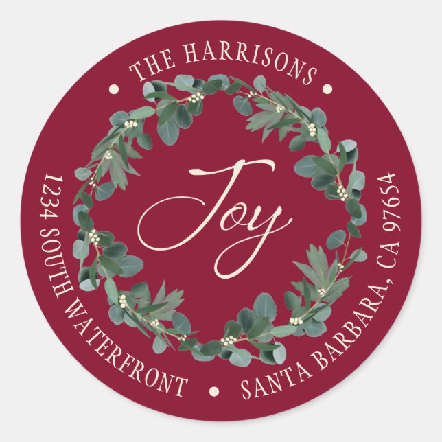 Holiday Joy Wreath Burgundy Rücksendeadresse Runder Aufkleber (Vorderseite)