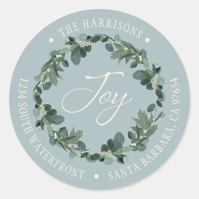 Holiday Joy Wreath Dusty Blue Rücksendeadresse Runder Aufkleber (Vorderseite)
