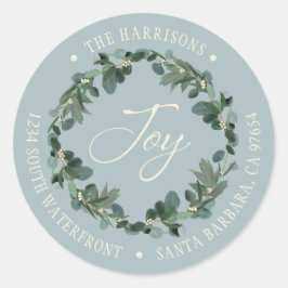 Holiday Joy Wreath Dusty Blue Rücksendeadresse Runder Aufkleber