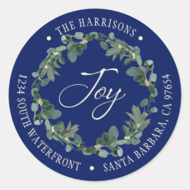 Holiday Joy Wreath Navy Blue Rücksendeadresse Runder Aufkleber