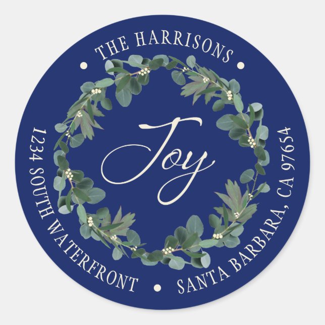 Holiday Joy Wreath Navy Blue Rücksendeadresse Runder Aufkleber (Vorderseite)