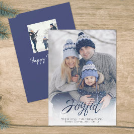 Holiday Joyful Script Blue White Snowflake 1 Photo Feiertagskarte
