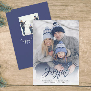Holiday Joyful Script Blue White Snowflake 1 Photo Feiertagskarte