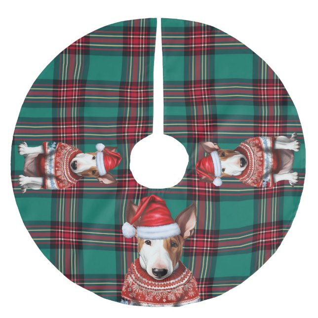 Holiday Kariert Bull Terrier Dog Weihnachten Polyester Weihnachtsbaumdecke (Vorderseite)