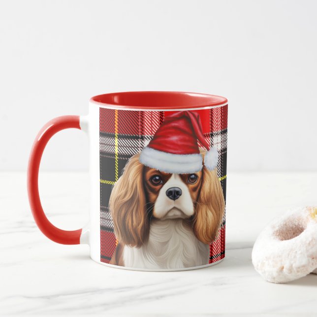 Holiday Kariert King Charles Spaniel Weihnachtshun Tasse (Mit Donut)