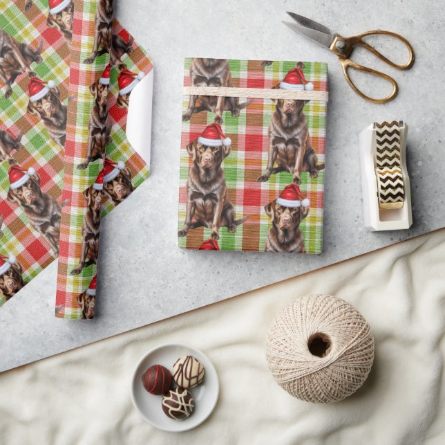 Holiday Kariert Schokolade Labrador Santa Dog Weih Geschenkpapier (Kunsthandwerk)