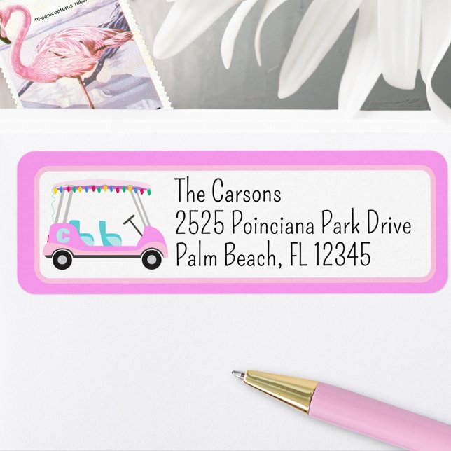 Holiday Lights Pink Golf Cart Rücksendeadresse (Personalized Holiday Bulbs  Golf Cart Monogram Pink Return Address Label.)