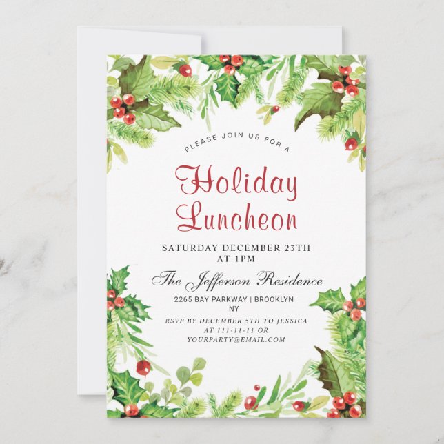 Holiday Luncheon Red Holly Berry Weihnachten Einladung (Vorderseite)