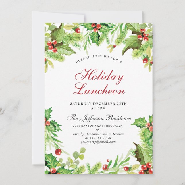 Holiday Luncheon Red Holly Berry Weihnachten Einladung (Vorderseite)