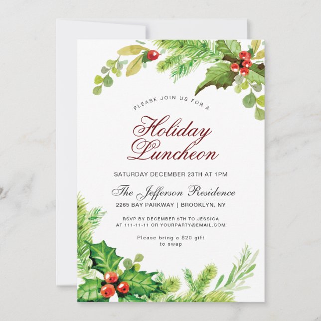 Holiday Luncheon Red Holly Berry Weihnachten Einladung (Vorderseite)