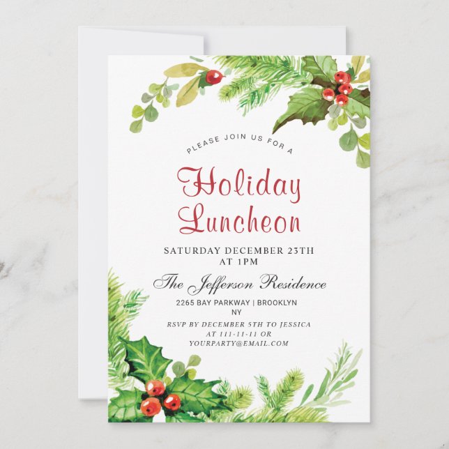 Holiday Luncheon Red Holly Berry Weihnachten Einladung (Vorderseite)