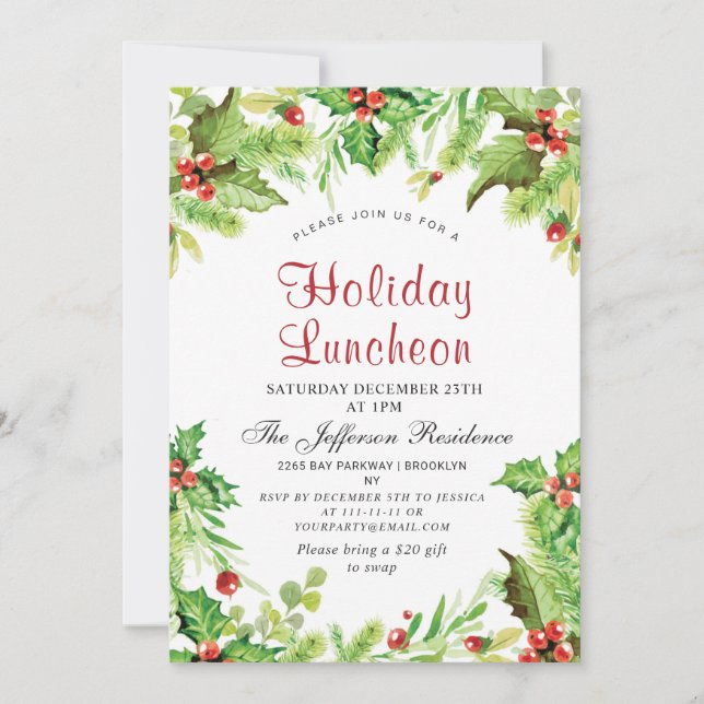 Holiday Luncheon Red Holly Berry Weihnachten Einladung (Vorderseite)