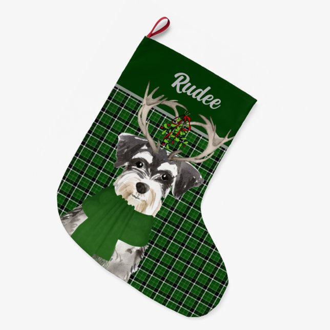 Holiday Miniatur Schnauzer Kariert mit Hundenname Großer Weihnachtsstrumpf (Vorderansicht (hängend))