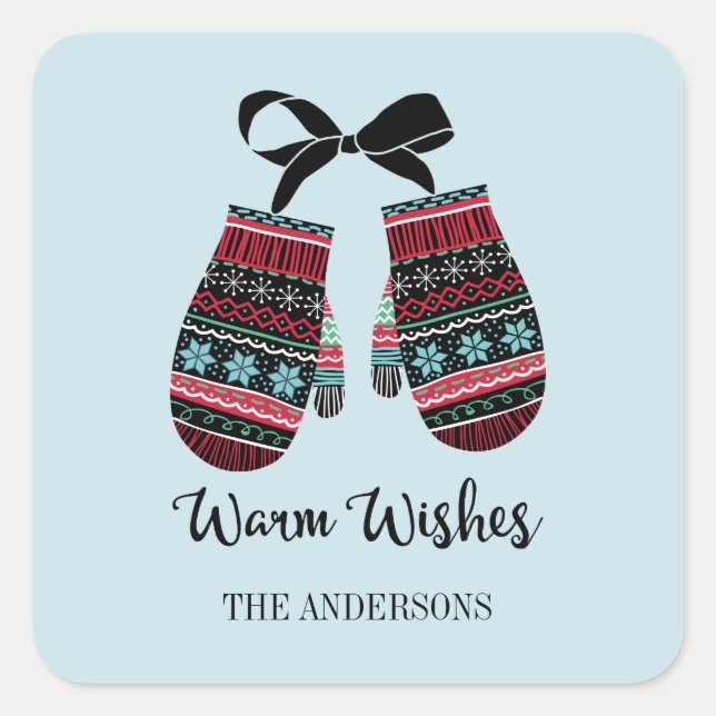 Holiday Mittens Warmes wünscht Weihnachtsaufkleber Quadratischer Aufkleber (Vorderseite)