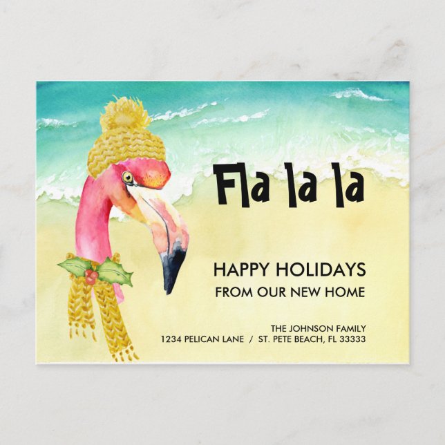 Holiday Moving Christmas Flamingo New Zuhause Ankündigungspostkarte (Vorderseite)