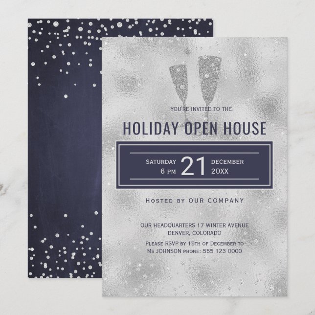 Holiday Open House Elegante Silver Navy Corporate Einladung (Vorne/Hinten)