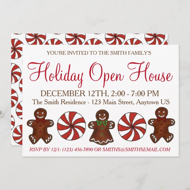 Holiday Open House Gingerbret Cookie Peppermint Einladung (Vorne/Hinten)