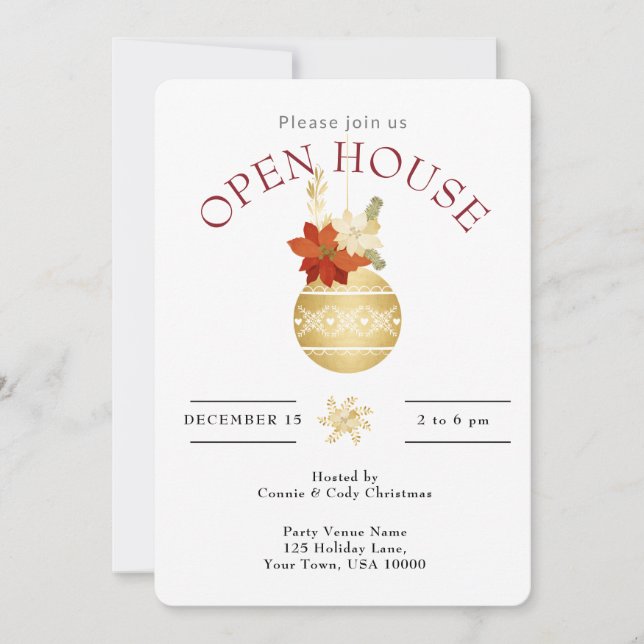 HOLIDAY OPEN HOUSE GOLD CHRISTMAS ORNANATION EINLADUNG (Vorderseite)
