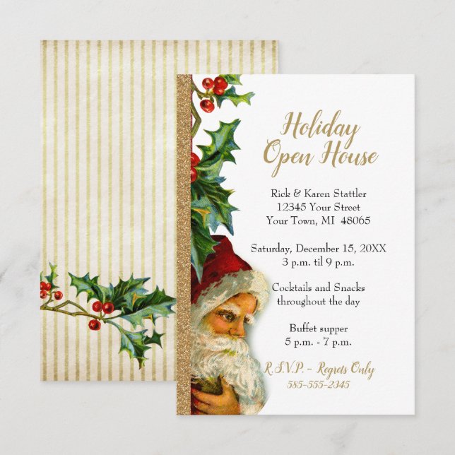 Holiday Open House Gold Glitzer Santa Holly Einladung (Vorne/Hinten)