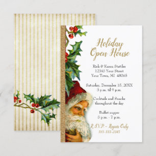 Holiday Open House Gold Glitzer Santa Holly Einladung