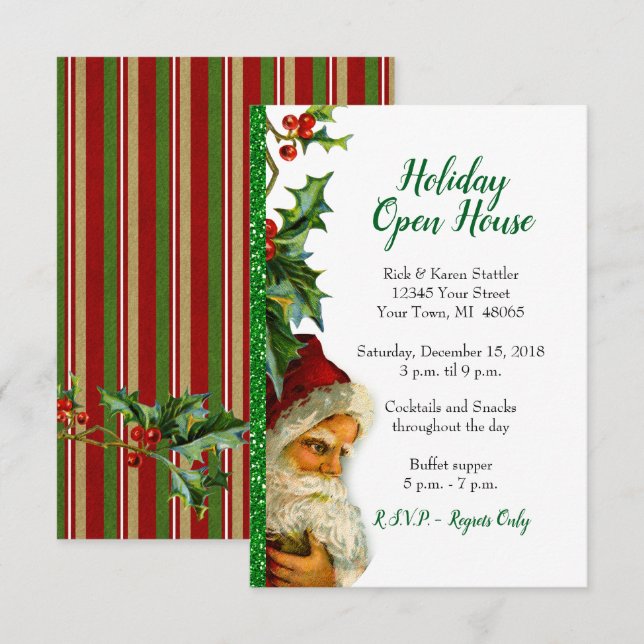 Holiday Open House Green Glitzer Santa Holly Einladung (Vorne/Hinten)