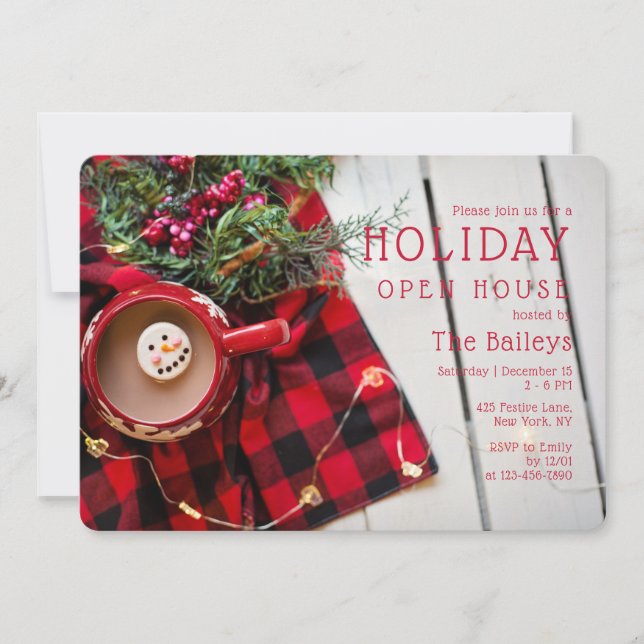Holiday Open House Kariert Hot Chocolate | Weihnac Einladung (Vorderseite)
