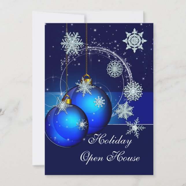 Holiday Open House Party Einladung Ornamente Blau (Vorderseite)