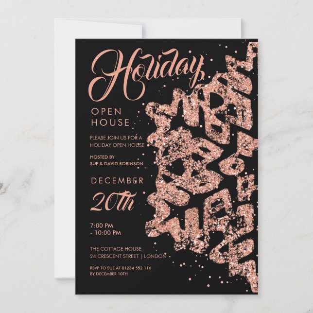 Holiday Open House Rose Gold Glitzer Black Einladung (Vorderseite)