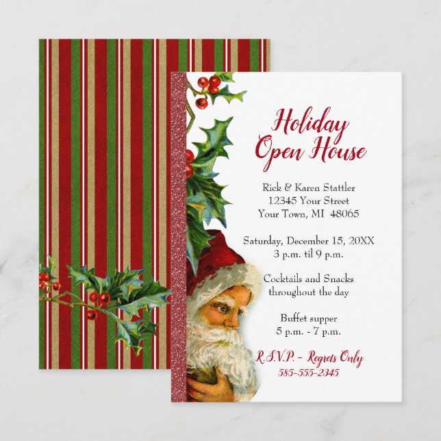 Holiday Open House Roter Glitzer Santa Holly Einladung (Vorne/Hinten)