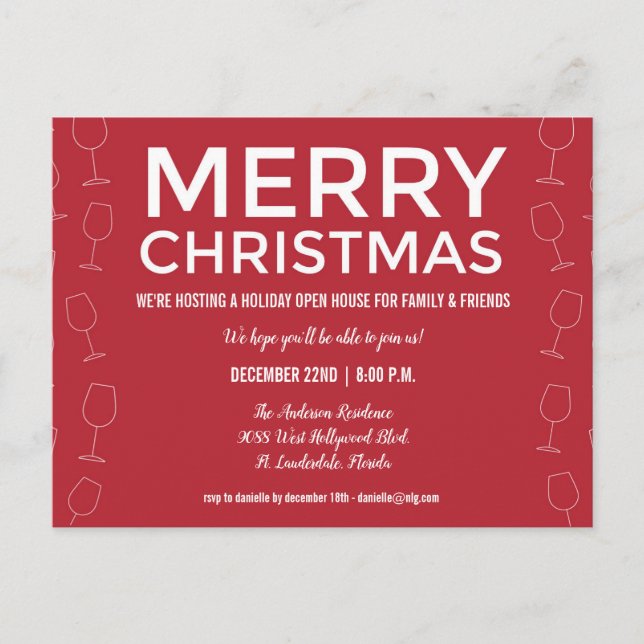 Holiday Open House Weihnachten Roter Party laden Postkarte (Vorderseite)