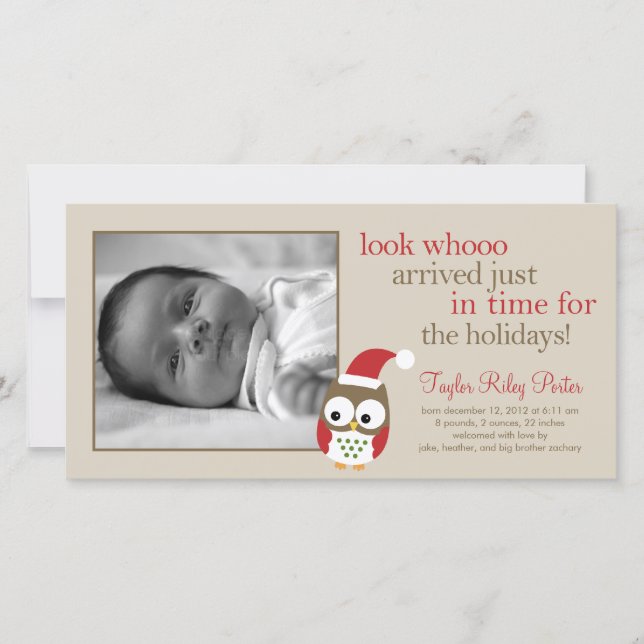 Holiday Owl Baby Birth Ankündigung (Vorderseite)
