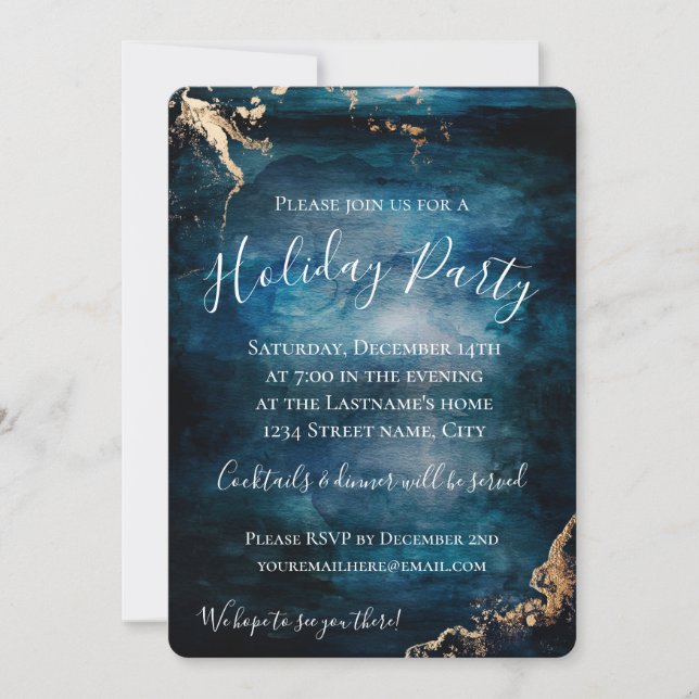 Holiday Party Blue & Gold Einladung (Vorderseite)