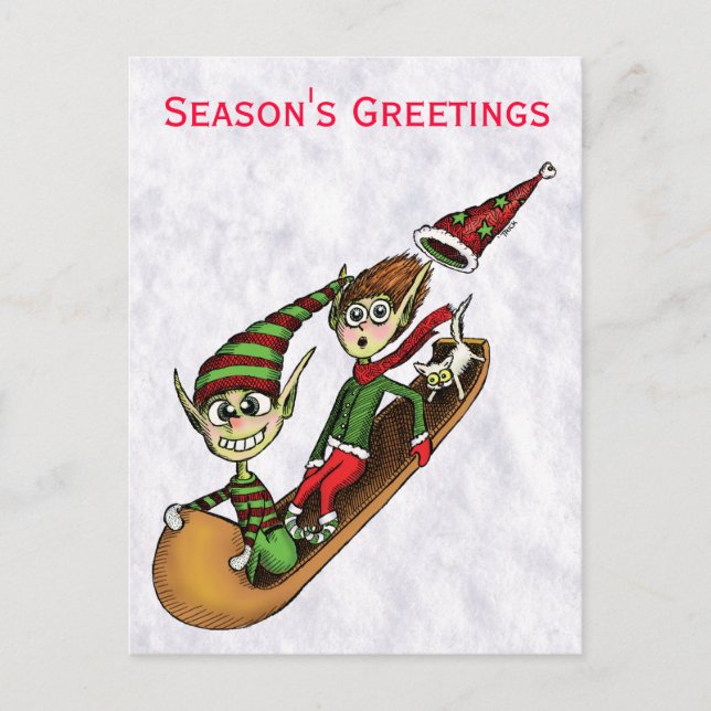 Holiday Party Einladung - Crazy Elf Sled Ride Postkarte (Vorderseite)