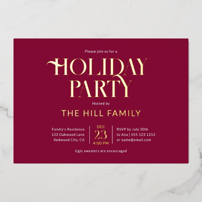 Holiday Party Elegant Red Folieneinladung (Vorderseite)