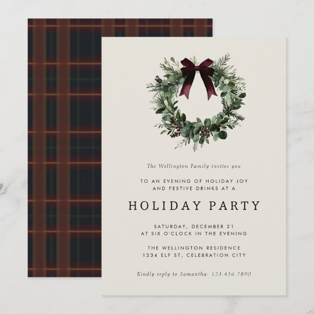 Holiday Party Festive Christmas Wreath Ribbon Einladung (Vorne/Hinten)