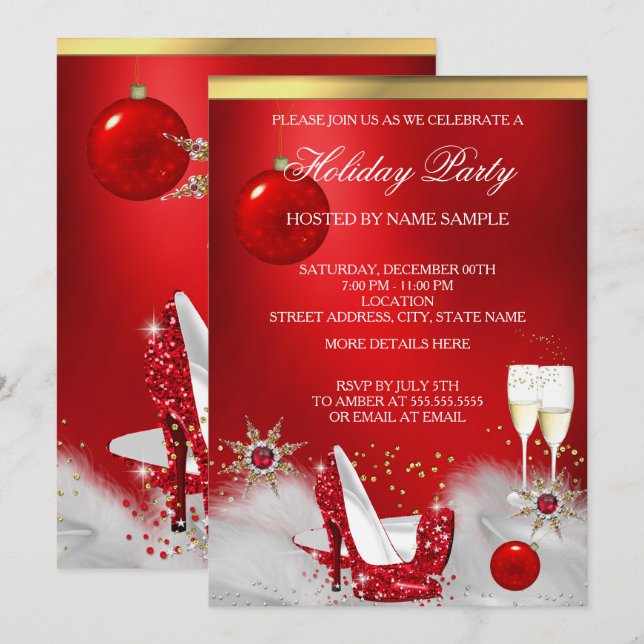 Holiday Party Glitzer Red High Heel Champagne Einladung (Vorne/Hinten)