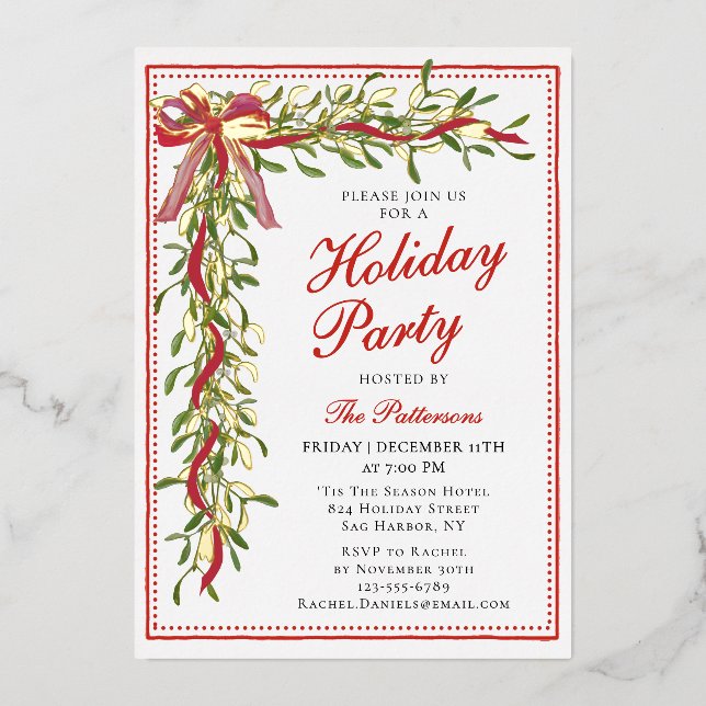 Holiday Party Mistletoe Bow Modern Christmas Party Folieneinladung (Vorderseite)