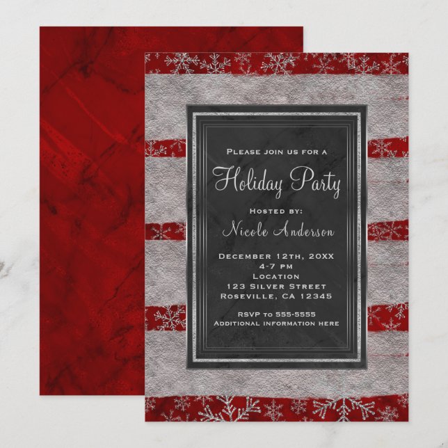 Holiday Party Modernes Rotes Marmor Silberschneefl Einladung (Vorne/Hinten)