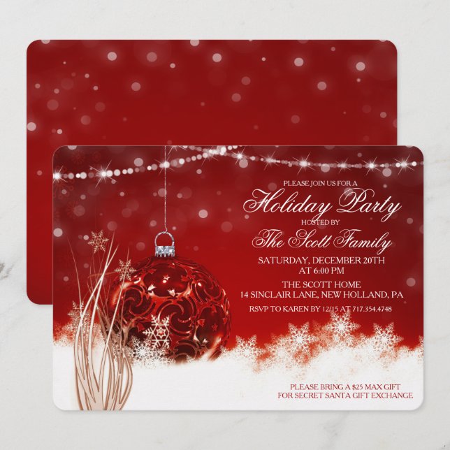 Holiday Party Red Ornament Bauble Einladung (Vorne/Hinten)