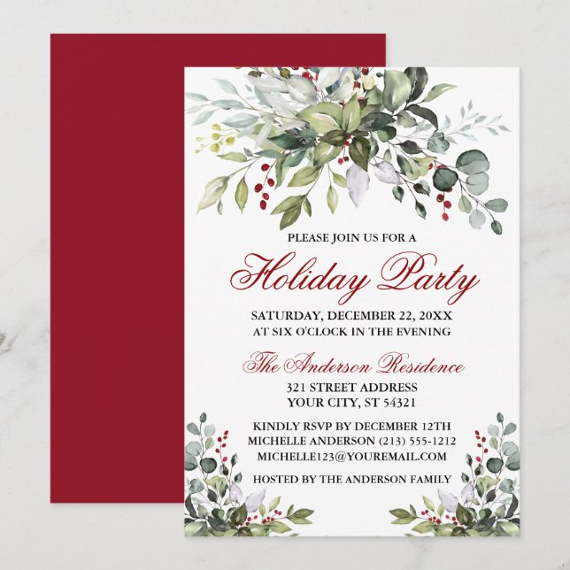 Holiday Party Wasserfarbe Grüne rote Berries Einladung (Vorne/Hinten)