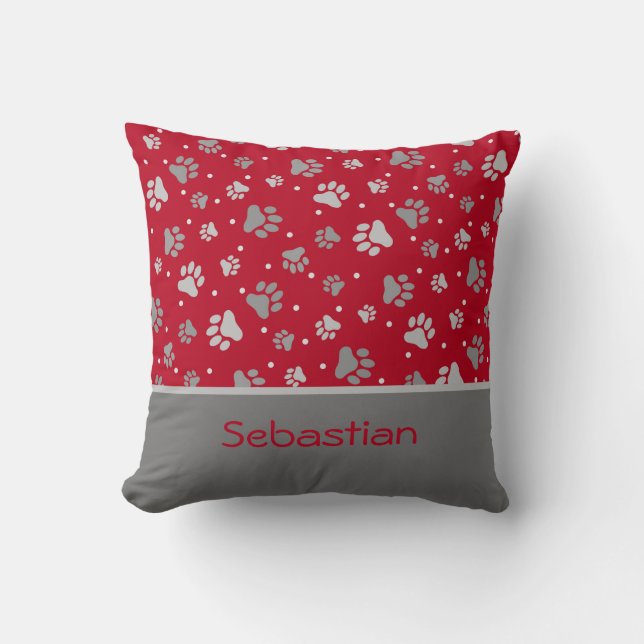 Holiday Paw Prints Red, Gray & Silver Personalisie Kissen (Vorderseite)