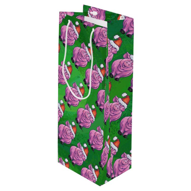 Holiday Pig in Weihnachtsmannmütze Pattern auf Gre Geschenktüte Für Weinflaschen (Vorderseite Schrägansicht)