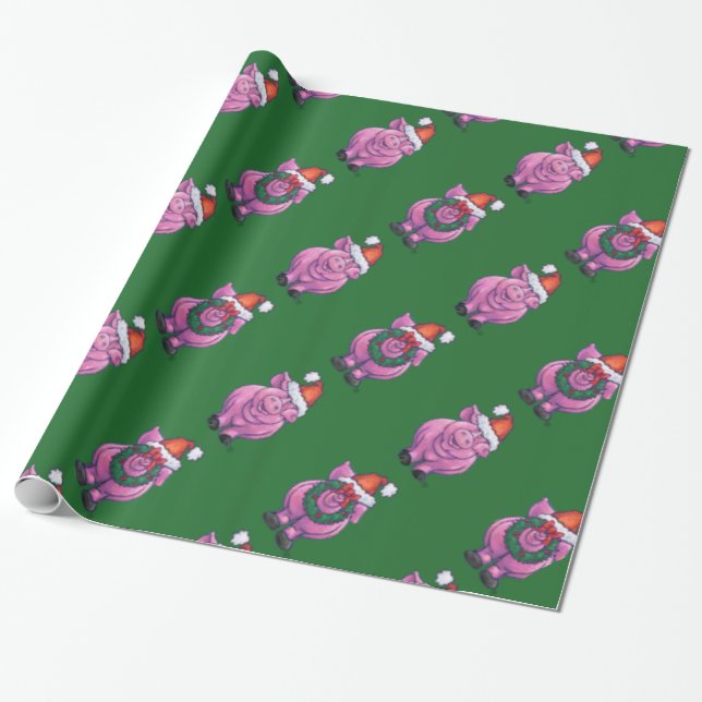 Holiday Pig in Weihnachtsmannmütze Pattern auf Grü Geschenkpapier (Ungerollt)