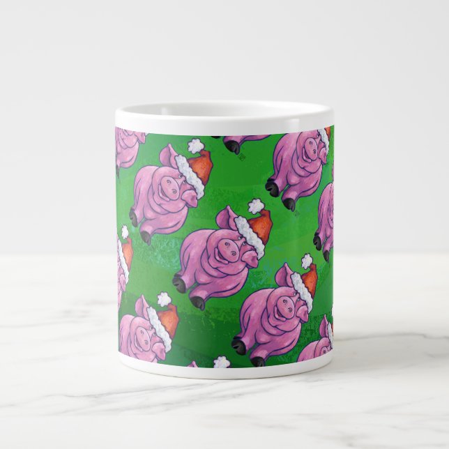 Holiday Pig in Weihnachtsmannmütze Pattern auf Grü Jumbo-Tasse (Vorderseite)