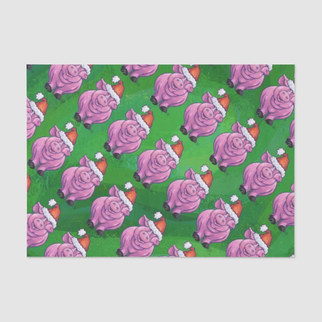 Holiday Pig in Weihnachtsmannmütze Pattern auf Grü Seidenpapier (Vorderseite)