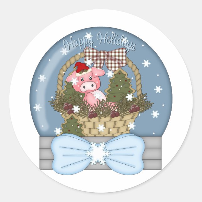Holiday Pig Snow Globe Runder Aufkleber (Vorderseite)