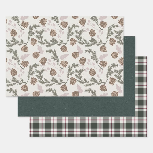 Holiday Pinecone Evergreen Emerald Karierte Weihna Geschenkpapier Set (Set)